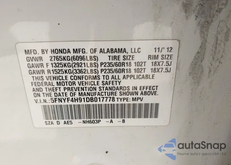 2013 Honda Pilot Touring z USA, uszkodzony, nr VIN 5FNYF4H91DB017778